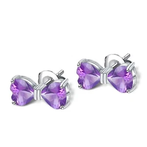 Simulated Love Bow Knot Heart Amethyst Women Stud Earrings In 10K White Gold - Picture 1 of 6