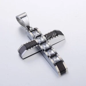 Trendsmax Mens Stainless Steel Cross Pendant Rhinestone Black Silver Tone Gifts - Picture 1 of 1