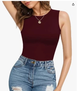 Women’s Sleeveless Bodysuits Medium Burgundy Crew Neck Sexy Tank Top - Picture 1 of 7