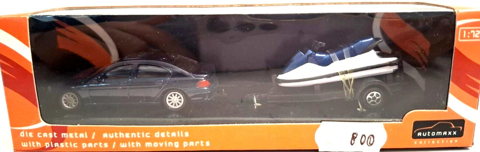 AUTOMAXX COLLECTION 1:72  DIE CAST AUTO  CON TRAILER E MOTOSCAF NERO 93064 - Immagine 1 di 1