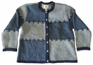 Talbots Damen M 100% Wolle Strick Cardigan Knopfleiste Patchwork Blau & Grau  - Bild 1 von 12
