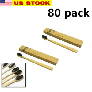 80 Pack Charcoal Bamboo Toothbrush Adult Organic Wooden Natural Eco Vegan - Picture 1 of 6