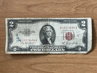 1953 SERIES A Red Seal $2 Federal Reserve Note Serial Number A15119494 - Image 1 of 4
