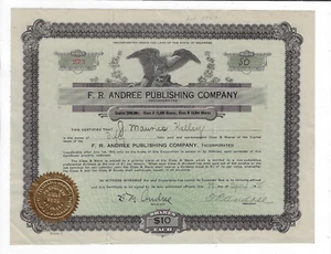 Certificado de acciones de Delaware 1925 F R Andree Publishing Company - Imagen 1 de 2