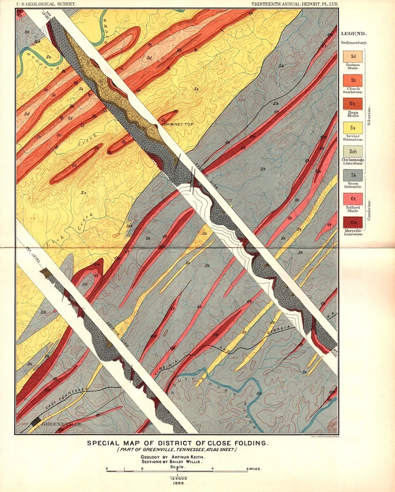 Antique 1893 USGS Map – Close Folding near Greenville, TN – Geological Survey - Image 1 of 1