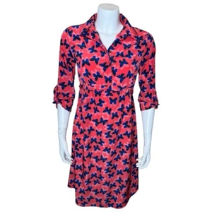 Gap Maternity Shirt Dress XS Tie Waist Butterfly Print Coral Pink Navy Career - Picture 1 of 9