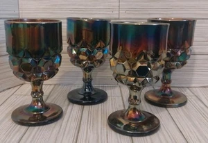 St Clair Iridescent Carnival Glass Goblets Set Of 4 Hobstar Pattern 5.75" 8 Oz - Picture 1 of 6