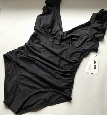 DKNY Women's Standard Ruffle Shoulder V-Neck One Piece Swimsuit Black Sz M - Image 1 of 4