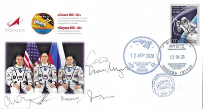 Roskosmos Soyuz MS-16 Flown Cover Signed Soyuz MS-15  MS-16 Crews ISS Exp 60 - Image 1 of 2