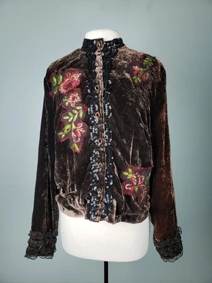 De Colección Alberto Makali Mujer XL Chaqueta Terciopelo Marrón Cuentas Banda Cuello Gema Botones Foto 1 de 4