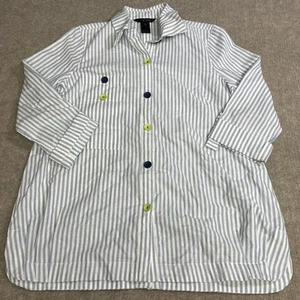 Ali Miles Women’s S Blue White Stripe Button Front Roll Tab Sleeve Shirt Cotton - Picture 1 of 6
