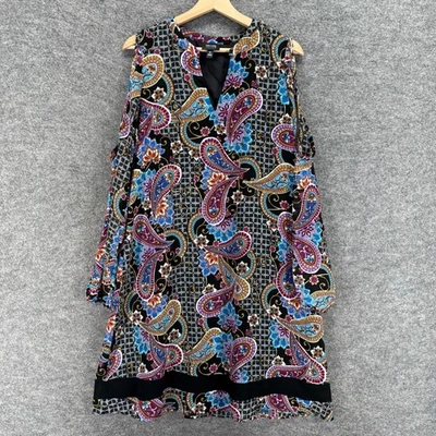 Nicole Miller Dress Women 10 Black Paisley Shift Short Cold Shoulder Long Sleeve - Image 1 of 4