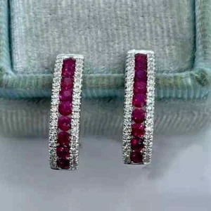 Women's 2.20 Ct Pear Cut Simulated Red Ruby Hoop Earrings 14k White Gold Plated - Picture 1 of 4