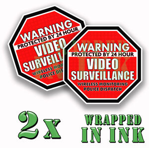 Warning 24 hour Video Surveillance Security Stickers RED OCT Decal 2 PACK