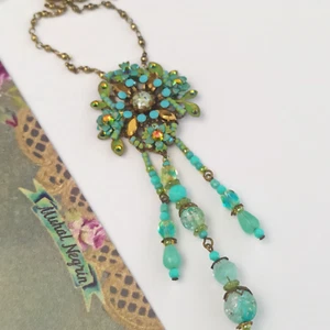 Michal Negrin Necklace Fused Aqua Glass Turquoise Crystals Floral Fringe Long 25 - Picture 1 of 17