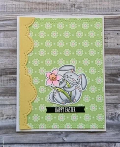 Handmade Happy Easter Card: Easter Bunny Happy Easter Wishes Spring Flowers - Picture 1 of 1