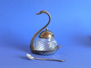 SENFTOPF DOSE SCHWAN FIGUR Glas versilbert Vintage - Picture 1 of 8