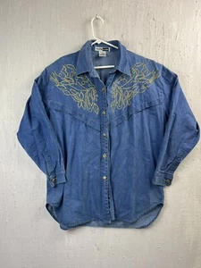 Ladies Vintage Denim Shirt Plus Size 2X 20-22 Gold Stud Blue Jean Western 80s - Picture 1 of 9