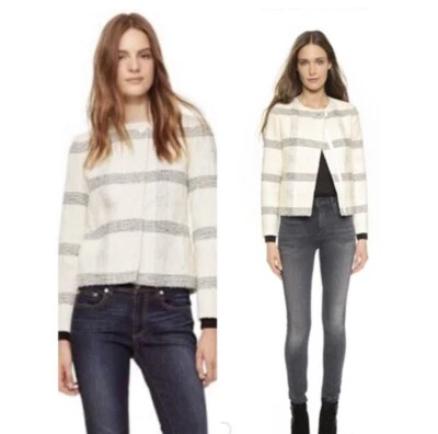 Tory Burch Wool Blend Ivory Black Plaid Blazer Zip Button Closure Women’s 10 M - Image 1 of 4