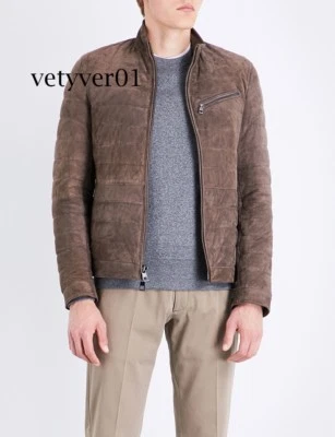 NUEVO CON ETIQUETAS MICHAEL KORS Para hombres Marrón Acolchado Gamuza 100% Cuero de Cabra Café Corredor Chaqueta Foto 1 de 4