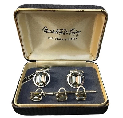 Gemelos y tachuelas de camisa de plata esterlina con diamantes de imitación ahumados Destino de colección Foto 1 de 4