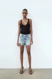 Zara TRF HIGH WAIST RIPPED CURVED DENIM SHORTS 40 12 M - Picture 1 of 5