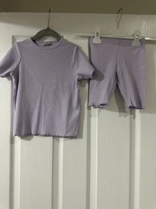 F&F Girls Lilac Ribbed Shorts Set Outfit 2-3 3-4 Years - Picture 1 of 1