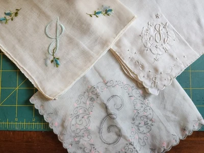 3 VINTAGE HANKIES  MONOGRAM INITIAL "J" & "E" EMBROIDERY - Image 1 of 2