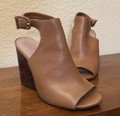 Botín Tory Burch Talla 6M Marrón Grove Punta Abierta Cordones Tacón Bloque en Tostado Real Foto 1 de 4