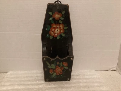 Vintage Antique Wooden Wall Letter Pocket Holder Hand Painted Brass Tact - Image 1 of 4