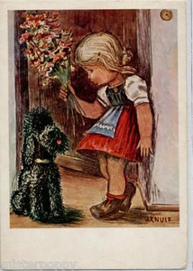 Bambina con Cane Barbone Childrens Girl with Dog PC Circa 1950 - Picture 1 of 1