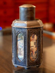 19th C. Chinese YAN YONGLI Dian Tong Tea Tin Copper Eglomise Panels Canister - Picture 1 of 9