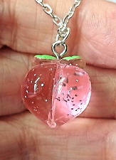 "ZE16"--unusual & lovely silver tone sparkly pink peach fruit pendant necklace