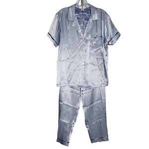 Jones New York Satin Pajama Set L Short Sleeve Long Pants 2 Tone Light Blue - Picture 1 of 4