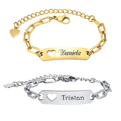 ID Edelstahl Armband mit Gravur nach Wunsch für Kinder gold/silber mit Herz NEU - Bild 1 von 4