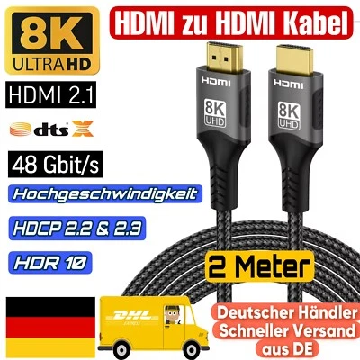 8K HDMI Kabel 2,1 48Gbps 8K@60Hz 4K120Hz HDCP 2.2 2.3 HDR10 DTS:X  HighSpeed 2m - Bild 1 von 4