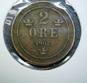 1907 Sweden 2 Ore " Oscar II" KM# 769 Bronze SP27 - Picture 1 of 2
