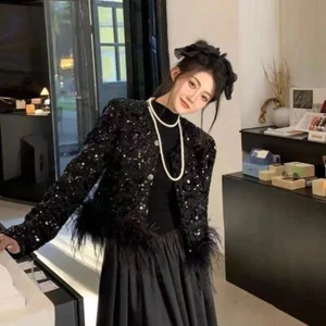 Womenscelebrity Fashionable Sequined Fluffy Splicing Jacket Tops Trench Coat - Picture 1 of 17