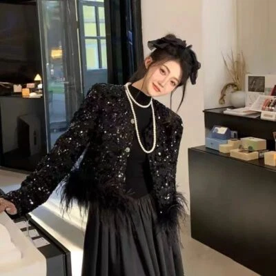 Womenscelebrity Fashionable Sequined Fluffy Splicing Jacket Tops Trench Coat - Image 1 of 4