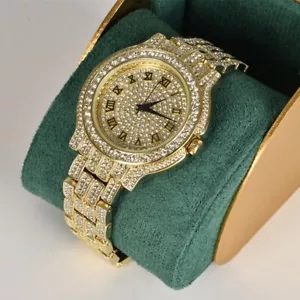Relojes de pulsera analógicos de cuarzo con estrás de acero inoxidable dorado de lujo de cristal - Imagen 1 de 6