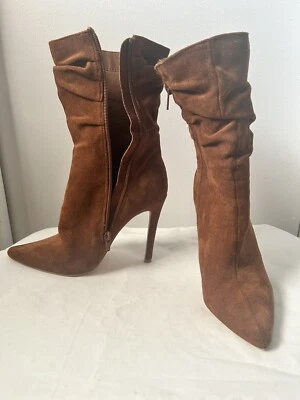 Shoedazzle 中筒棕色麂皮绒细高跟鞋拉链尖头短靴 6 码 — 第 1/4 张图片