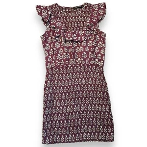 Antik Batik Jaymes Mini Dress Burgundy Block Print Smocked Ruffled Sleeve Small - Picture 1 of 9