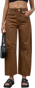 Mid Rise Barrel Jeans for Women Wide Leg Mid Waist Cropped Denim Pants Y2K Baggy - Picture 1 of 12