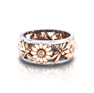 925 Silver Rose Gold Two Tone Sunflower Dragonfly 8mm Band Ring Gift Box - Picture 1 of 5