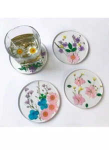 Drink Coasters Cup Mat-Epoxy Resin Coasters with Colorful Natural Floral 4 Pack - Picture 1 of 10