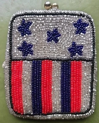 VTG Fully Beaded Coin Purse Wallet Silver Red Blue American Stars & Stripes - Image 1 of 4