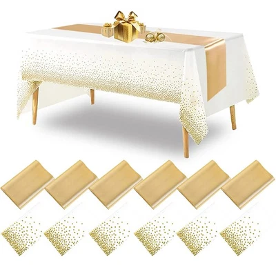 12 Pack White and Gold Tablecloth and Table Runner Set, 54 x 108 Inch Disposa... - Image 1 of 4