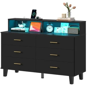Black Dresser with LED Lights, 6 Drawer Dresser with Power Outlet for Bedroom... - Picture 1 of 9