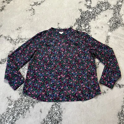 Blusa J Crew Mujer Talla L Azul Oscuro Manga Larga Floral Rosa Verde Flores Foto 1 de 4
