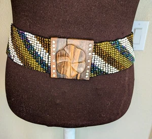 Irisierende Saatperlen Perlen elastisch Stretch Gürtel Holz Schnalle Vintage Boho - Bild 1 von 7